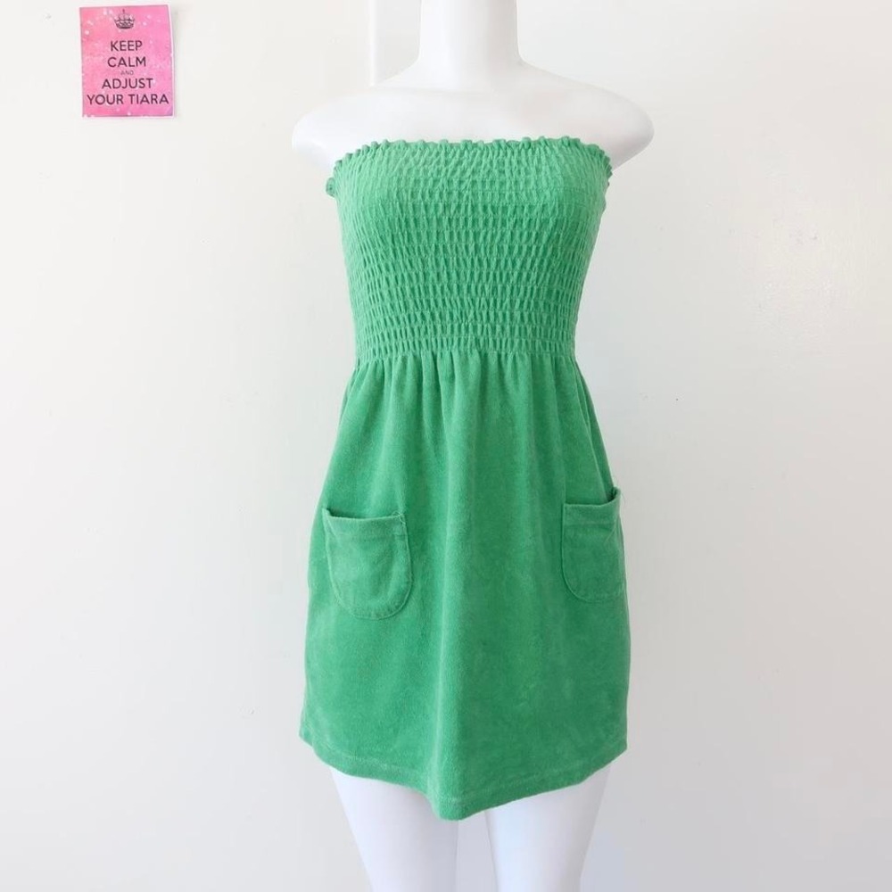 susina green smocked tube dress terry‎ cloth strapless mini size s